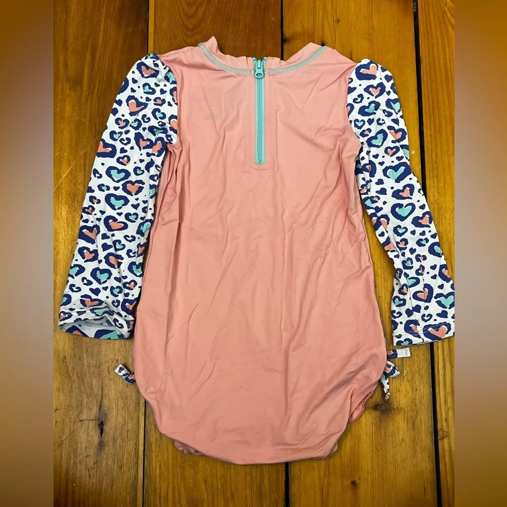 Hatley Rash Guard Swimsuit Ruffles Peachy Pink Heart Print Long Sleeve One Piece